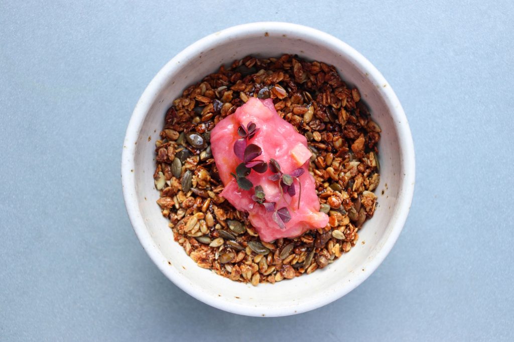 Miso granola with rhubarb compote - Ozone London
